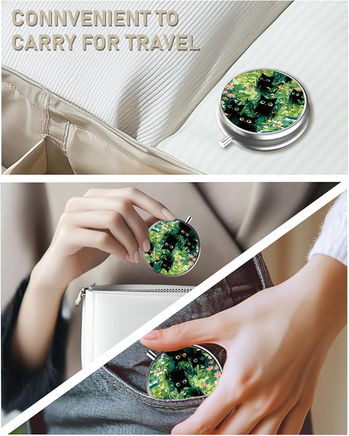 Pill Box, 3 Compartment Portable Travel Medicine Box with Mirror, Compact and Cute, Fits in Purse and Pocket, Medicine and Vitamin Organizer (Grass and Cat)