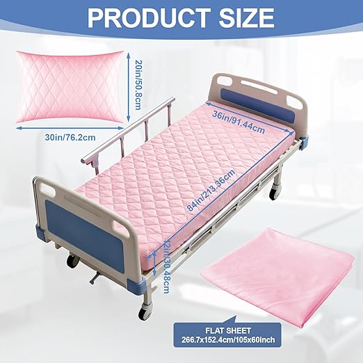 Lounsweer 3 Piece Hospital Bed Sheet Set, Pink Waterproof Bed Sheet Set, Incontinence Protection for Home and Hospital Use, Include 1 Fitted 36" x 84" x 12" 1 Flat and 1 Pillowcase