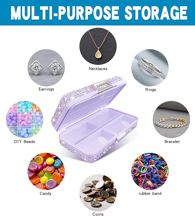 Yivaiks Bling Travel Pill Organizer Crystal Rhinestone 8 Compartments Portable Pill Case Daily Pill Box to Hold Vitamins Small Pill Container for Pocket Purse Medicine Organizer(Purple)