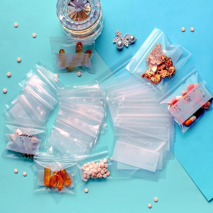 300 Packs Small Pill Bags 6mil Sturdy, 3 Assorted Sizes 2x1.85'', 2.5x2.25'', 3x2.75'' Plastic Bags, Reusable Bags Clear Zip Bags, Pill Pouch Bags for Travel Storage Jewelry and Small Craft Pieces