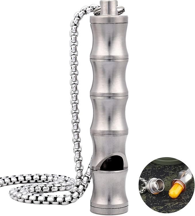 Titanium Pill Holder Necklace Whistle Mini Keychain Nitro Pill Case Loud Emergency Whistle for EDC Safety Backpacking Survival Hiking Camping Pets Training