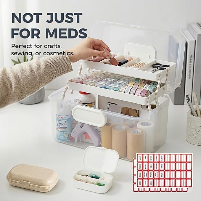 Portable Medicine Organizer Box & First Aid Kit Container – 3-Layer Folding Storage Bin with Handle & Latch, Clear Medical Supply Case for Home, Dorm, Sewing – w/ 2 Pill Pods & Labels