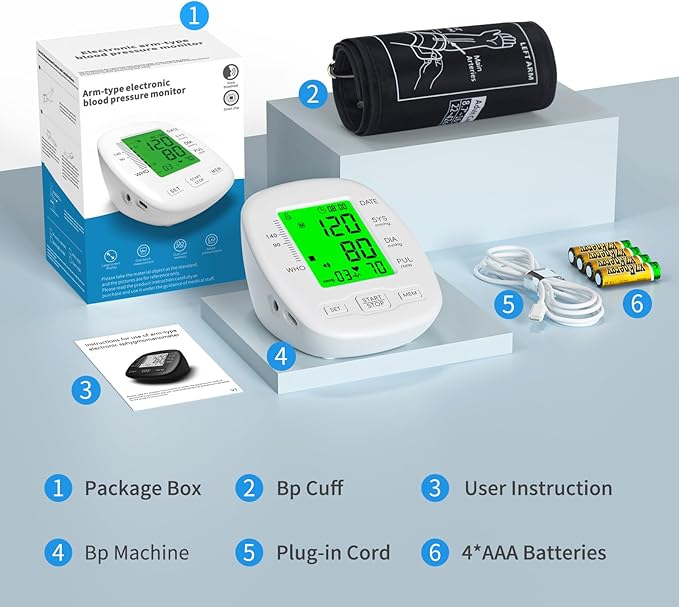 Blood Pressure Monitor, Blood Pressure Cuff 22-42cm - 2 * 99 Sets of Memory, 4*AAA Battery Included, White
