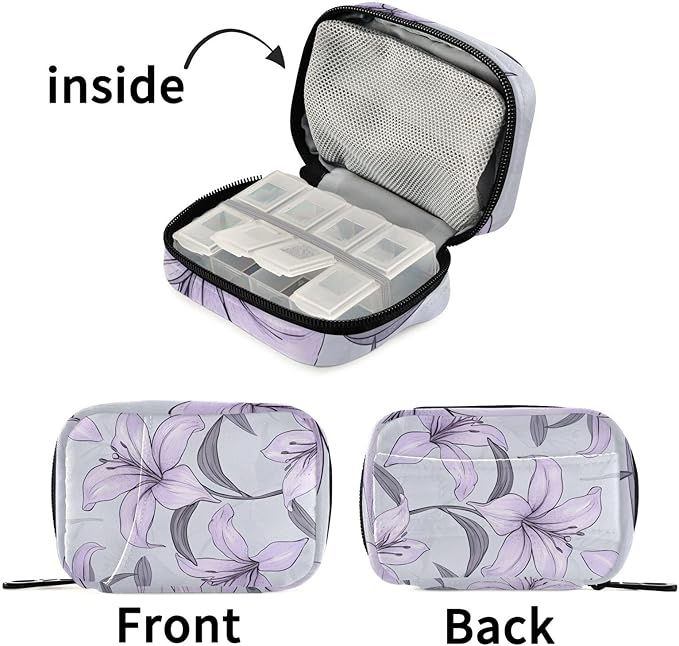 Purple Lilac Lily Travel Pill Organizer Case Box Container Weekly Portable Vitamin Medicine Holder Storage Bag with Zipper Removable