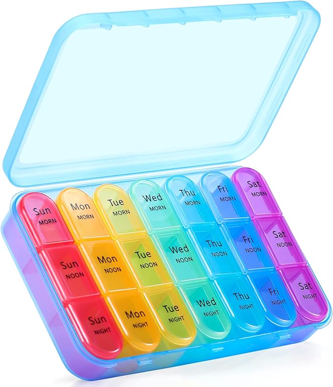 ASprink Cyan+Blue Pill Organizer 3 Times a Day - Weekly Pill Organizer 3 Times a Day - Large Pill Box 7 Day Medicine Organizer Pill Case, Travel Pill Organizer, to Hold Vitamins, Medicine