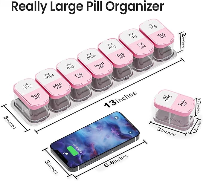 Daviky Extra Large Weekly Pill Organizer, XL Pill Box 2 Times a Day, 7 Day AM PM Medicine Pill Organizer for Supplement, Big Daily Pill Case Holder with Large Container for All Your Vitamin