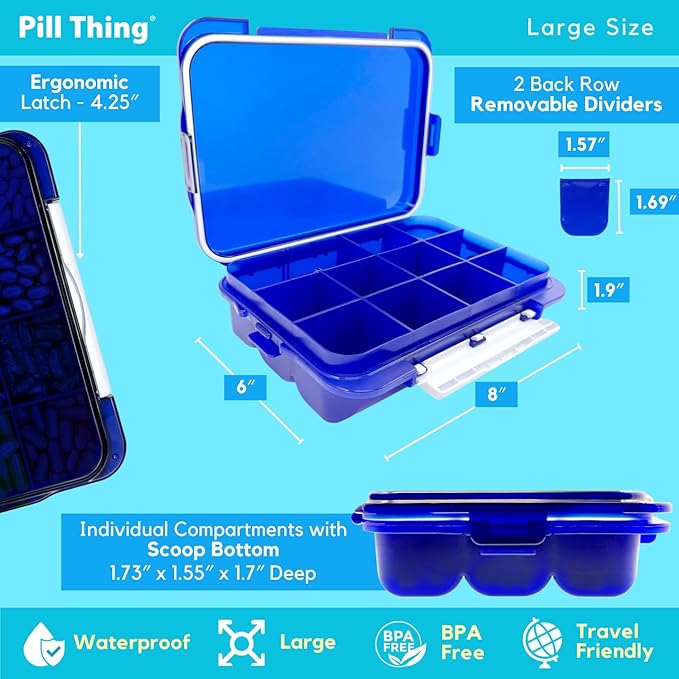 12 Compartment Large Pill Case with Airtight Seal - Silicone Gasket Waterproof Med Box with Medication Map and Medical Alert Card (Blue, 1 Pack)