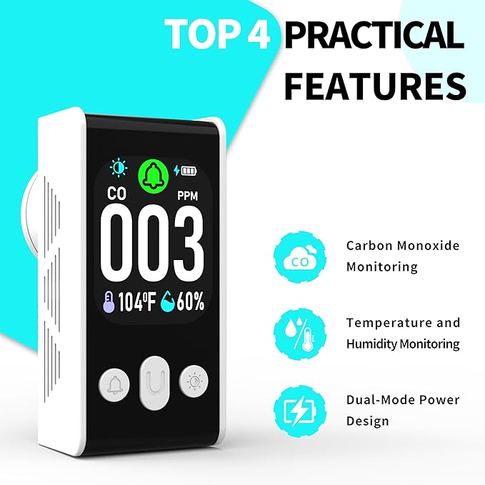 Protmex 3-in-1 Plug-in Carbon Monoxide Detector, Portable CO Alarm with Temperature & Humidity Monitor, 2.0-inch Display, 85dB Dual Alarm, Backup Battery for Home RV Bedroom Office