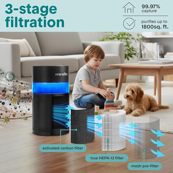 SereneLife Portable Air Purifier | Small Air Purifier For Home, Allergies, Pet Hair & Bedrooms | Filter Change Reminder & Aroma Box | Filtration Removes Dust, & Smoke Odor | Timer & Sleep Mode | Black
