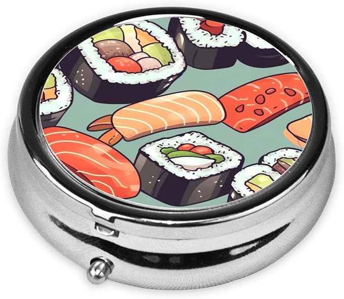 Pill Box 3 Compartment Medicine Pill Organizer Sushi Round Pill Case for Purse & Pocket Travel Pillbox Portable Metal Medicine Vitamin Fish Oil Organizer Unique Gift