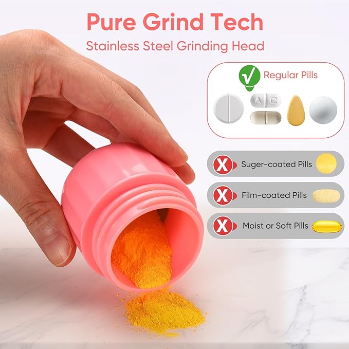 3-in-1 Pill Crusher and Pill Cutter, Pills Crusher Fine Powder with Stainless Steel Grinding Head, Pil Grinder with Storage for Tablets, Cutter Splitter for Small and Tiny Pills (Pink)