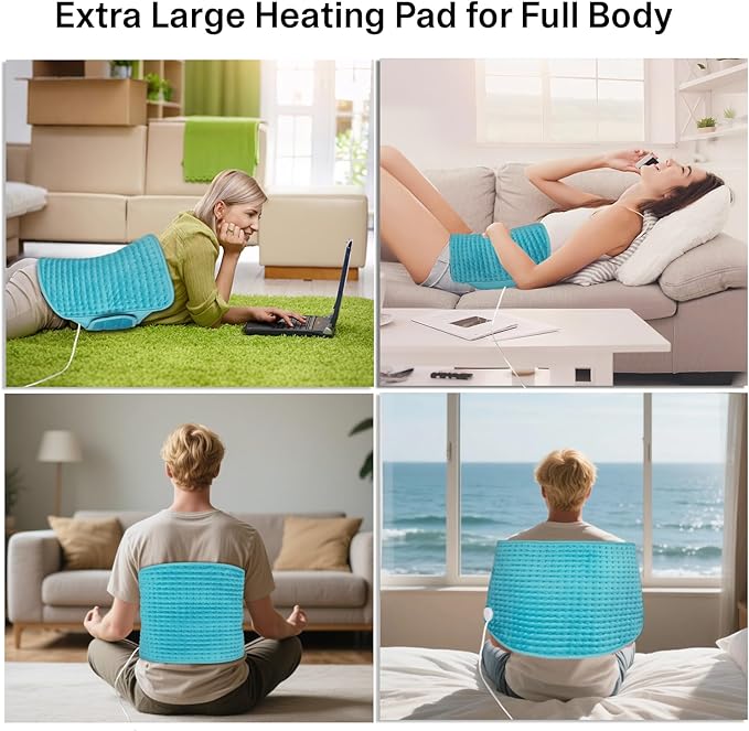 Large Heating Pads for Back Pain/Period Cramps, 4 Timer(Max 4H)/9 Heat/10ft Long Cord/ 16 * 24" Heat Pad+27" Belt Wearable(51" in Total) Electric Wrap Around Heating Pad Birthday Christmas Gift(Blue)