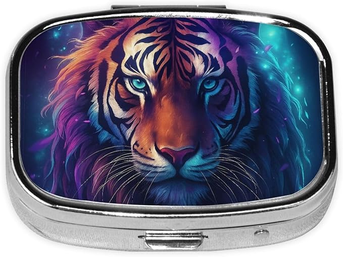 Enchantig Tiger Pill Box with Mirror 2 Compartments Square Pill Organizer for Pocket