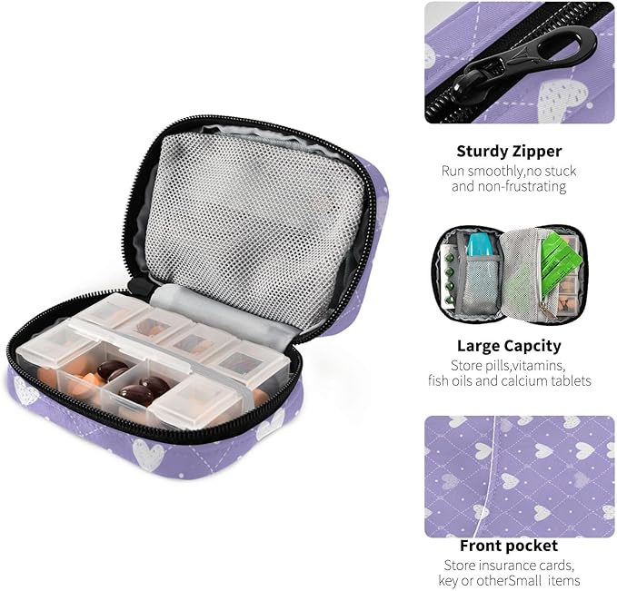 Diamond Grid Purple Hearts Travel Pill Organizer Case Box Container Weekly Portable Vitamin Medicine Holder Storage Bag with Zipper Removable
