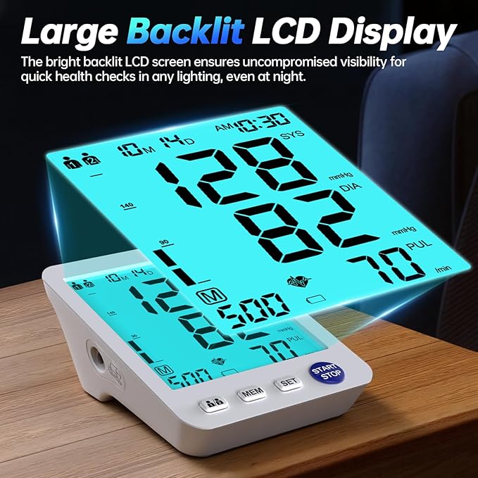 Upper Arm Electronic Blood Pressure Monitor 3 Size Cuffs(S,M/L,XL),Small 7-9",Medium/Large 9-17" and Extra Large Cuff 13-21" Adjustable Blood Pressure Cuff Large LCD Display with Battery & USB Cable