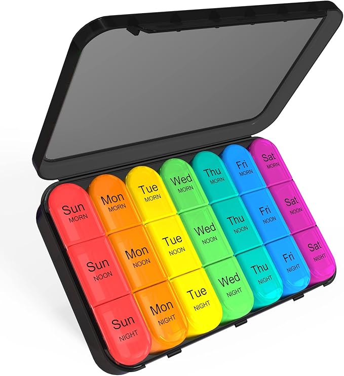 ASprink Black and Cyan Pill Organizer 3 Times a Day - Weekly Pill Organizer 3 Times a Day - Large Pill Box 7 Day Medicine Organizer Pill Case