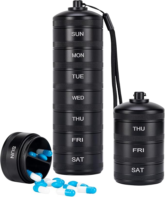 XHT Premium Weekly Metal Pill Organizer 7 Day 2 Times a Day – Waterproof AM PM Pill Organizer Travel Case, Heavy Duty Pill Holder and Pill Box for Medicine, Vitamins, Fish Oil & Supplements