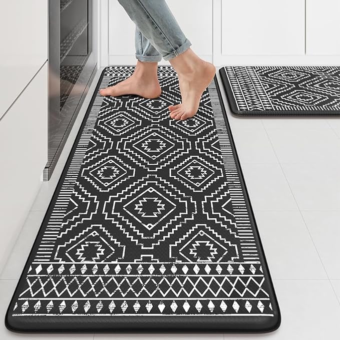 KIMODE Anti Fatigue Kitchen Mat,Black Boho Kitchen Rugs Non Slip Sets of 2,Kitchen mats for Floor Cushioned,Morocco Geometric Memory Foam Cushioned Standing Mats for Sink,Laundry,Office