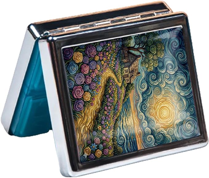 Metal 7 Day Pill Organizer, Weekly Pill Case with 8 Compartments, Travel Pill Box for Purse & Pocket, Small Medicine & Vitamin Organizer with PP Dividers (Swirl Seaside Cottage)