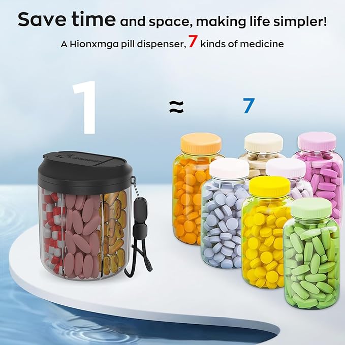 Pill Dispenser with 7 Large Compartments, 4.4" H x 3.6" Dia Pill Organizer for Travel, Supplement Organizer with Anti-Mixing Design, BPA-Free Pill Container with 20 Pcs Labels, Black