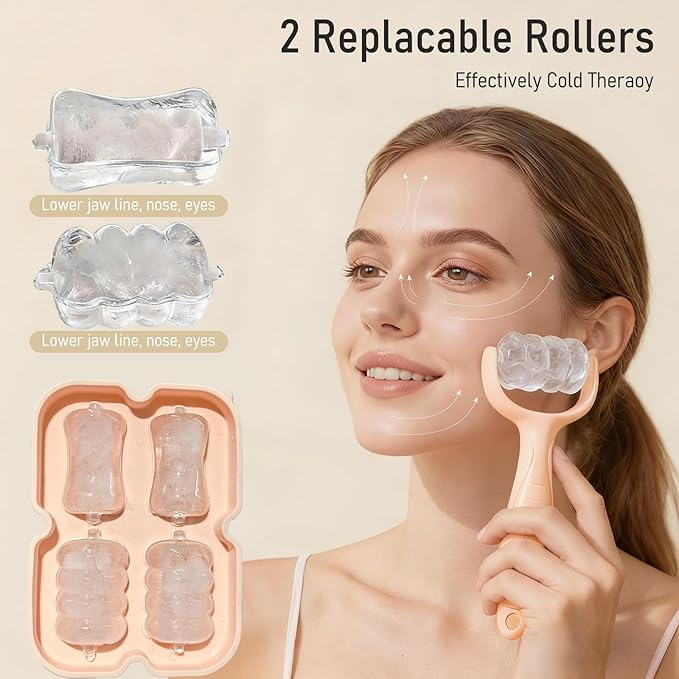 Ice Roller for Face, Reusable Facial Ice Roller for Eyes, Face, and Neck, 2 in 1 Massage Roller with Ice Face Mold and Silicone Textured Roller Head for Skin Care and Puffiness & Pain Relief, Pink
