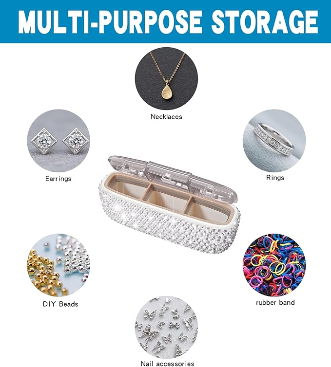 Bling Travel Pill Organizer Crystal Rhinestone 3 Compartments Independent Lid Portable Small Pill Case Box to Hold Vitamins Container for Pocket Purse Medicine Organizer