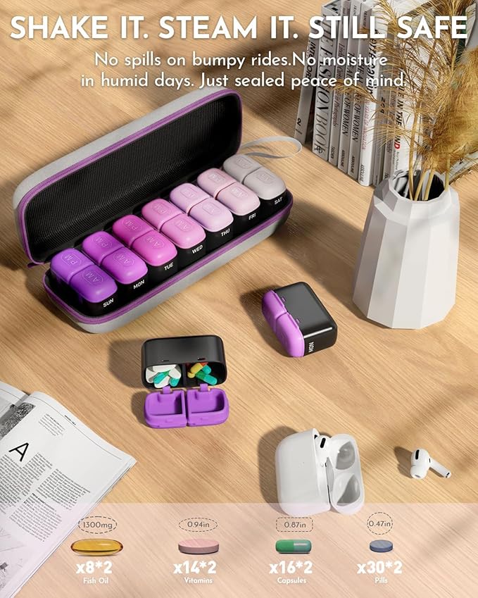 Weekly Pill Organizer, 7 Day Travel Medicine Pill case with Moisture-Proof Silicone Lid, Large AM PM Daily Pill Organizer 2 Times a Day for Vitamins & Supplements, Secure Zipper Pill Box(Purple)