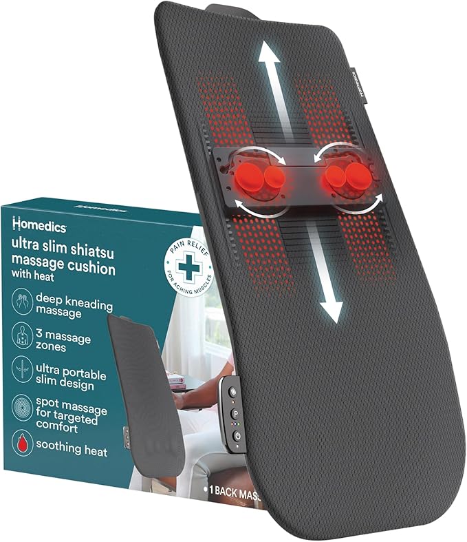 HoMedics Ultra Slim Shiatsu Massage Cushion with Heat – Full Back Coverage, Deep Kneading Massage, 3 Zone Control (Upper/Lower/Full), Soothing Heat, Slim Profile, Portable Design, Fits Most Chairs