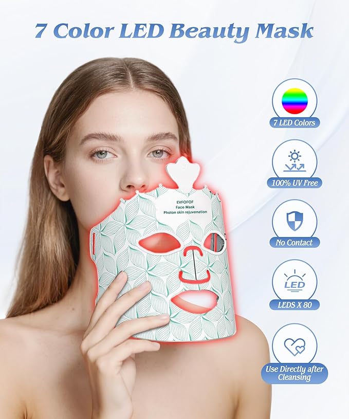 7-Color LED Light Therapy Mask, Wireless Green Silicone Face Mask for Red Light Therapy, Infrared, Blue Light, and Skin Rejuvenation, Adjustable Brightness & Skin Treatment, Green
