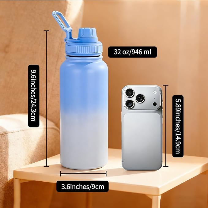 Motivational Water Bottle 32oz with Time Marker- Leakproof & BPA Free Sports Water Bottle with Straw & Carry Strap for Gym, Travel and Outdoor Sports (Stainless steel insulation-Blue)
