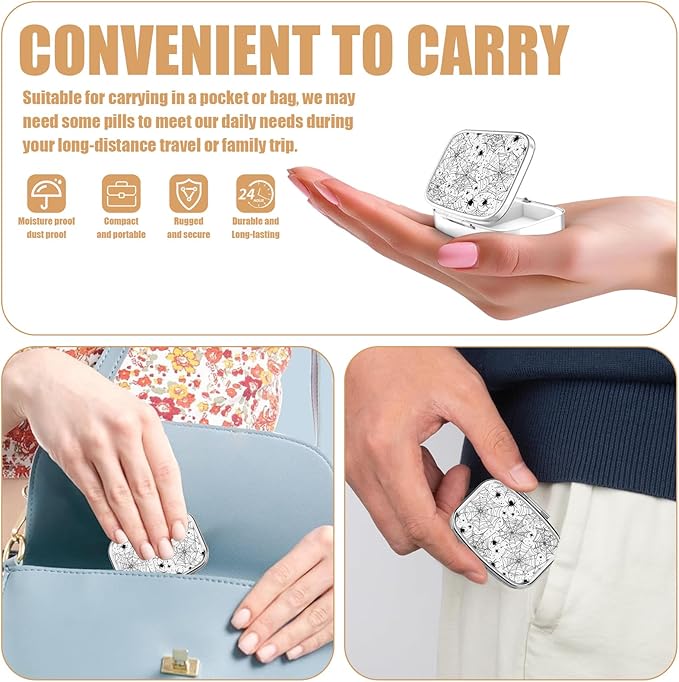 Pill Box-2 Compartment Small Pill Case Square Organizer Case with Mirror Portable Metal Medicine Box Travel Container for Pocket & Purse Women Men(Spider Web)