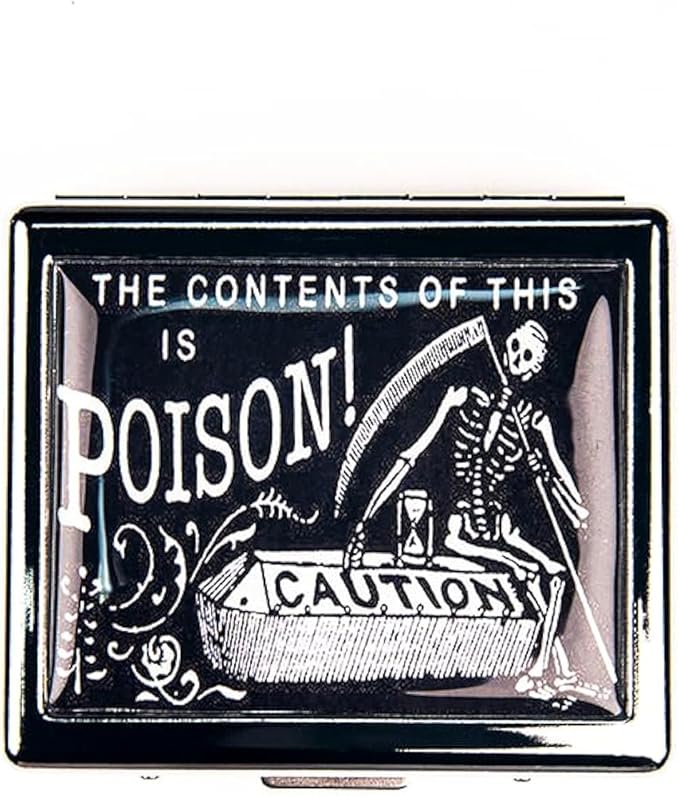 Vintage Poison Caution 7 Days Chromed Shiny Silver Pill Organizer with Mirror Inside Has 8 Separate Compartments Rectangle 7 Days Pill Box Pill Case