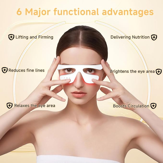 Under Eye Red Light Therapy Glasses, Eye Massager Devices for Relieve Eye Bag, Reducing Dark Circles and Puffiness, Smoothing Fine Lines with Microcurrent, Red-Light & Heat & Mood & Sleep Enhancement