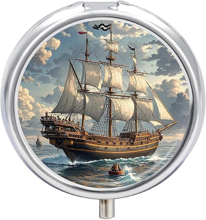 Nautical Sailing Pirate Ship Pill Box Travel Pill Case for Purse Pocket Weekly Medicine Organizer with Mirror 3 Compartment Round Medicine Case Portable PillcaseHolder for Daily