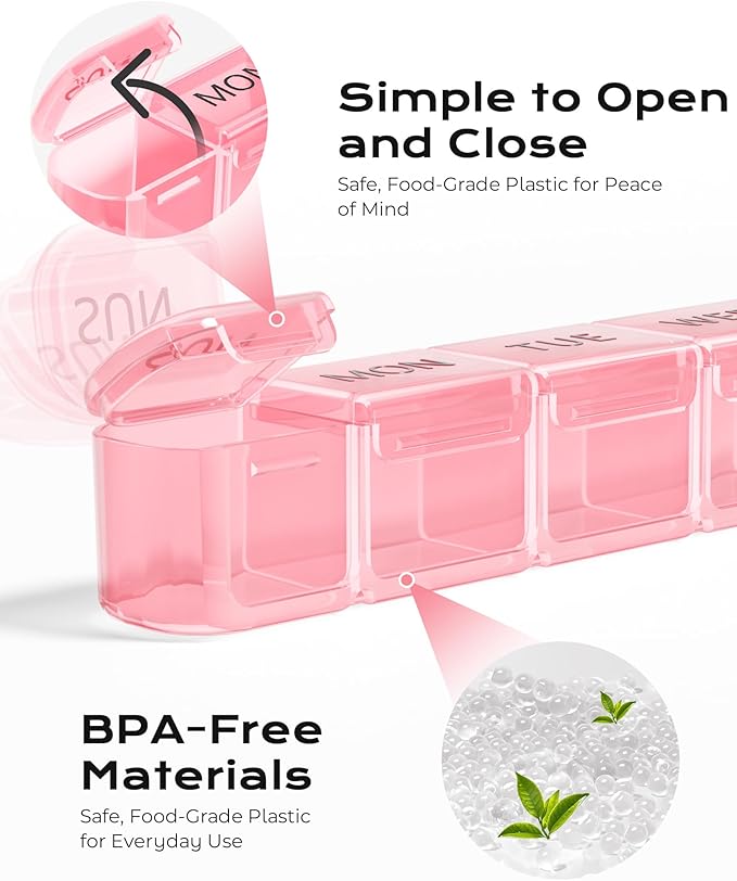 Daviky Weekly Pill Organizer, Large 7 Day Pill Box, Travel Pill Case, Daily Pill Dispenser for Vitamins, Medicines, Supplements, and Fish Oil(Pink)