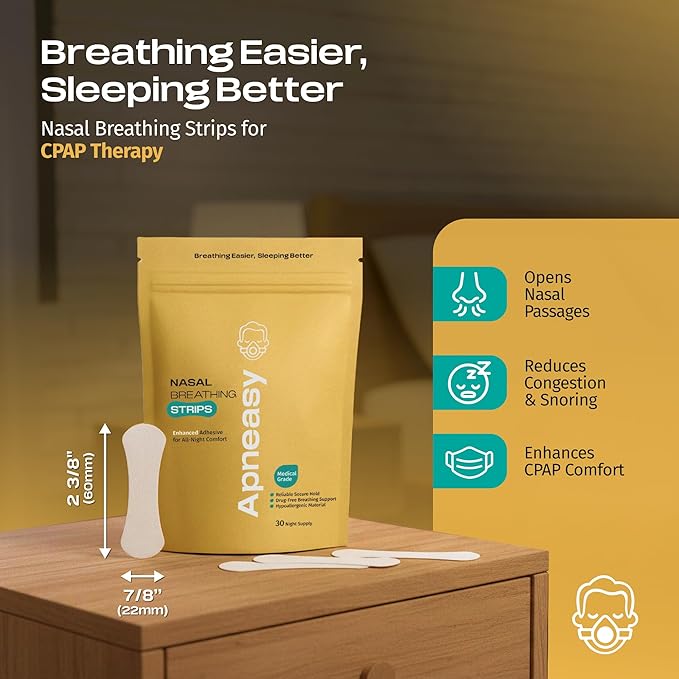 Apneasy® Extra Strength Nasal Breathing Strips for Snoring Relief and Better Sleep - 30 Night Supply - Hypoallergenic Mouth Breathing Solution for CPAP Therapy and Sensitive Skin