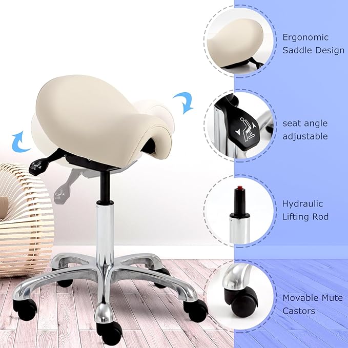 Ergonomic Saddle Stool - Adjustable Height & Tilt Saddle Stool Chair for Salon, Spa, Lash Tech, Tattoo Artist & Drafting, Beige