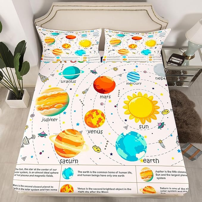 Feelyou Solar System Fitted Sheet Queen, Outer Space Bedding Set Educational Bed Sheet Set for Kids Planet Solar System Bed Cover Lightweight Bed Set (No Flat Sheet)