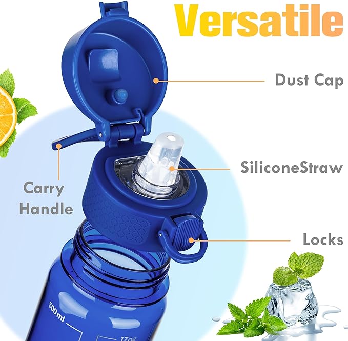 GOPPUS 17oz Kids Water Bottle for School -Straw, Leak-Proof Tritan Sports Bottle Time Marker Reusable for Girls Boys