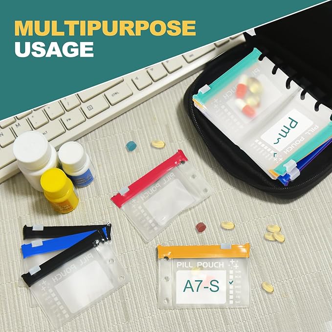 A7 Waterproof Pill Organizer with 14 S Zippered Pill Pouches for A7 Binder, Small BPA-Free Weekly Medicine Organizer, Color-Coded Reusable Travel Pill Storage System