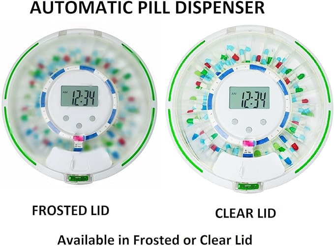 Automatic Pill Dispenser，Lock 28-Day Medication Organizer, Up to 6 Doses Per Day, 6 Dosage Templates, Sound & Light Alerts & Key for Vitamins, Supplements (Frosted Lid)