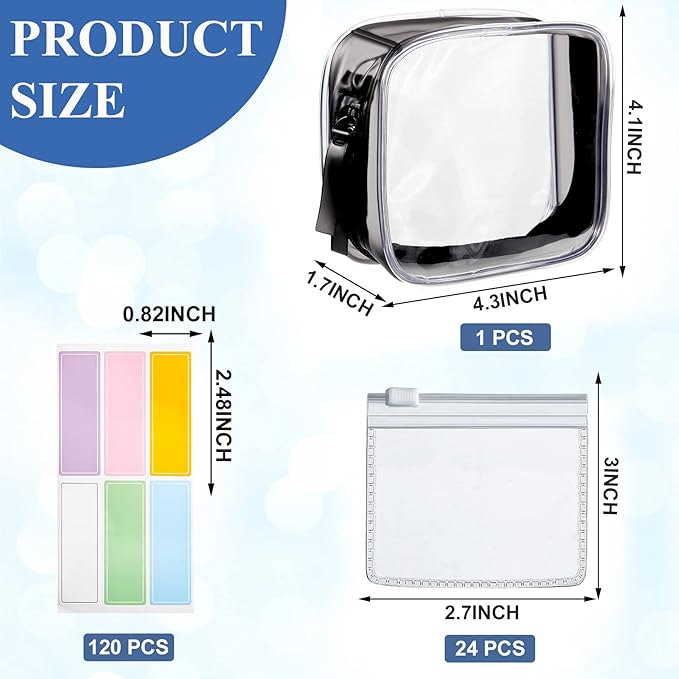 Meanplan 26 Pcs Pill Pouches Reusable Clear Zippered Pill Bag, Transparent PVC Toiletry Carry Pouch, 180 Pcs Waterproof Labels Stickers Travel Organizer Storage with Slide Lock for Small Items
