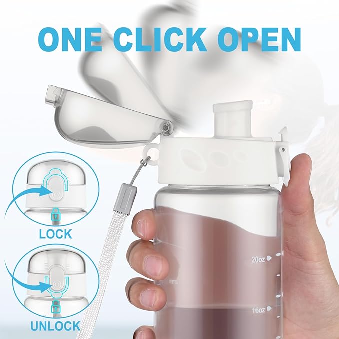 Clear Water Bottle, Wide Mouth Leakproof Water Bottle with Time Marker, 26OZ Plastic Water Bottles, Lightweight for Sports, Travel, White
