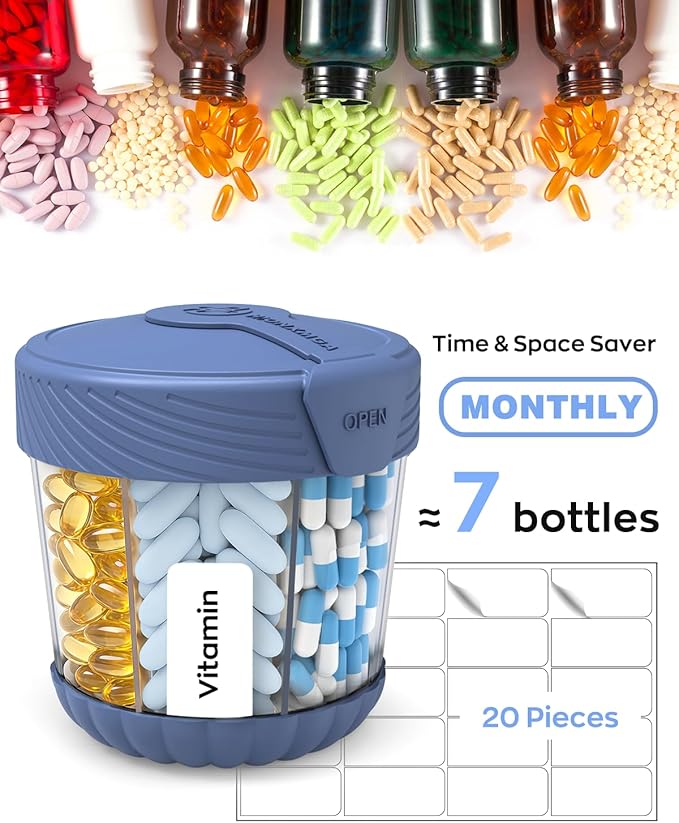 Cute Pill Dispenser with 7 Large Compartments, Portable Pill Bottle Organizer with Wide Opening for Travel, Anti-Mixing Pill Container, Shatterproof BPA-Free, Includes 20 Pcs Labels, Blue