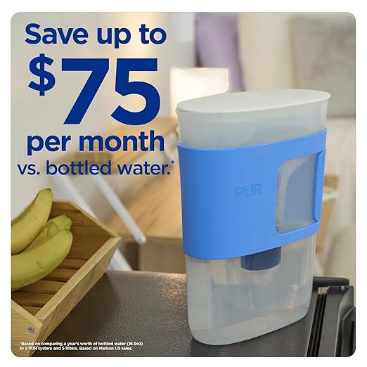 PUR Slim Water Filter Pitcher, 8-Cup Capacity, Compact Design for Dorms & Mini Fridges, Dishwasher Safe, Fast Filtration, Includes 1 Filter for Cleaner Great-Tasting Drinking Water Filtration, Blue