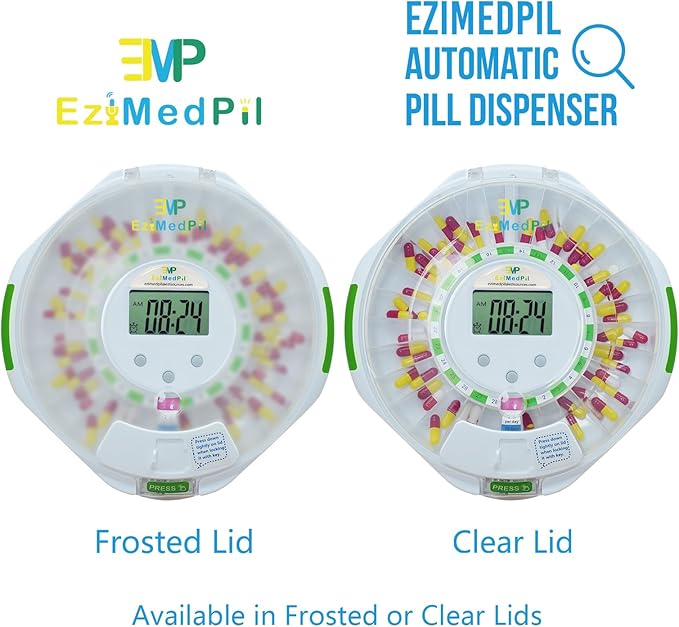 EziMedPil Automatic Pill Dispenser w/Visual &Audio Alerts, up to 6 Alarms/Day, 9 Dosage Templates, Easy-Read LCD Display, Lock Medication Dispenser w/Key for Vitamins, Prescriptions & More, Clear Lid