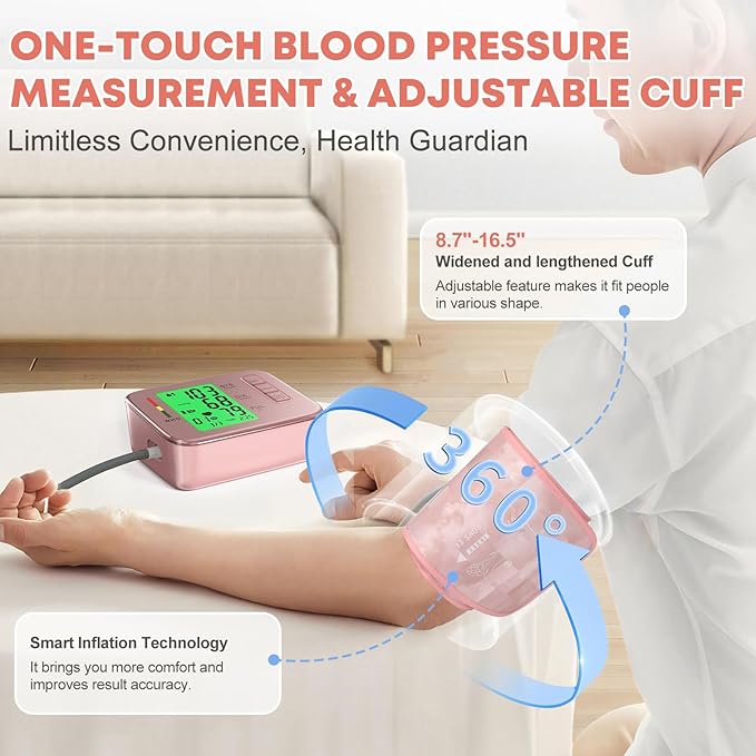 Blood Pressure Monitor,Pink Blood Pressure Machine Bp Cuff Automatic Upper Arm with 8.7”-16.5 inches Adjustable Automatic High Blood Pressure Cuff for Home Use 2 x 90 Sets Memory (Pink BP Cuff)