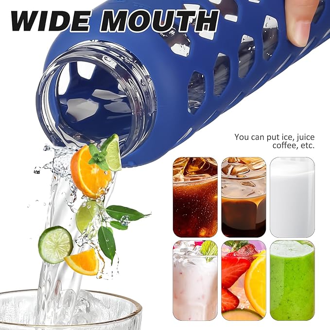 MUKOKO Glass Water Bottles, 24oz Glass Tumbler with Straw, Drinking Bottles with 2 Lids-Handle Spout Lid&Bamboo Straw Lid, Motivational Water Bottle with Time Marker and Silicone Sleeve, 1 Pack-Blue