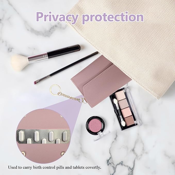 4Pcs Birth Control Pill Case Holder, PU Leather Birth Control Case Sleeve Wallet with Snap and Keyring, Privacy Protection Contraceptive Medicine Holder Keychain