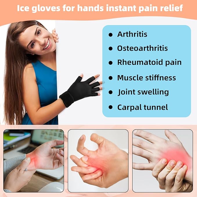 Finger Arthritis Compression Hand Ice Pack Gloves for Pain Relief, Adjustable Wrist Ice Pack for Hot & Cold Therapies, Reusable Gel Finger Ice Glove Sleeve for Tendinitis, Carpal Tunnel